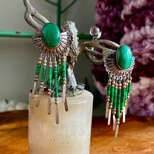 Genuine Green Malachite Sterling Silver Sunburst Earrings with Tassel Design